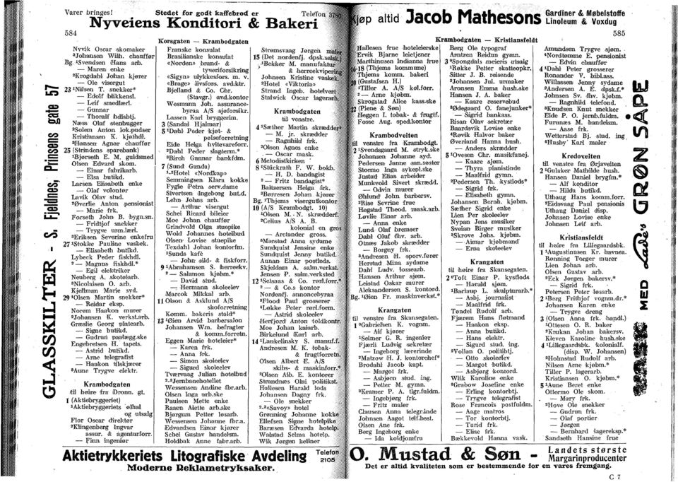 3 Hansen Agnar chauffør 25 (Strndéns sparebank) røjørseth E. M. guldlsmed Olsen Edward skom. Enar fabrkarb. Elsa butkd. Larsen Elsabeth enke Olaf -volontør Lavk Olav stud. 2 0verf'e Anton.