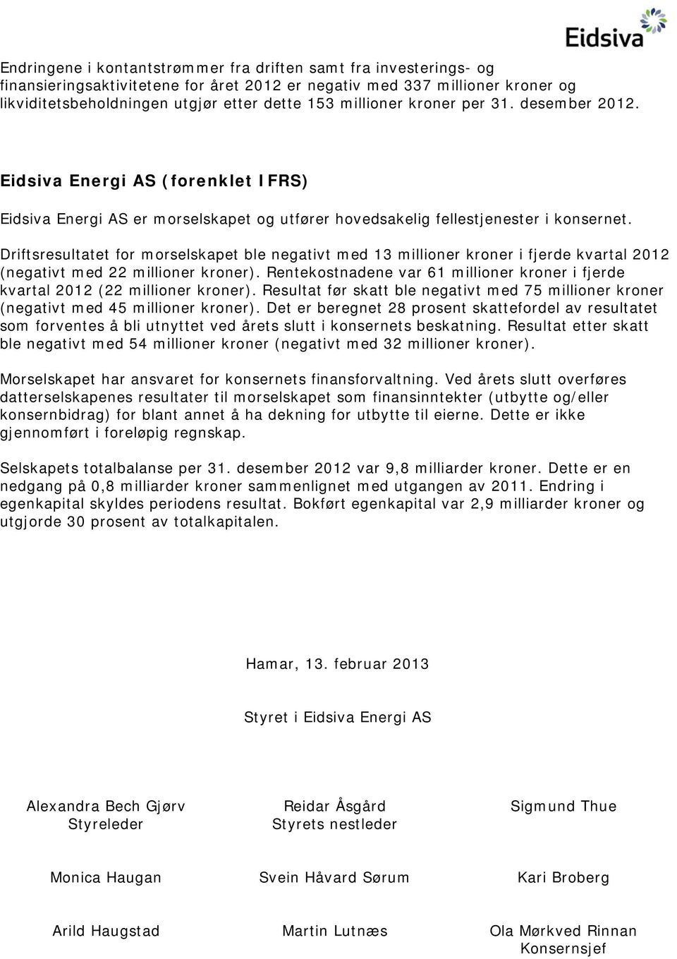 Driftsresultatet for morselskapet ble negativt med 13 millioner kroner i fjerde kvartal 2012 (negativt med 22 millioner kroner).