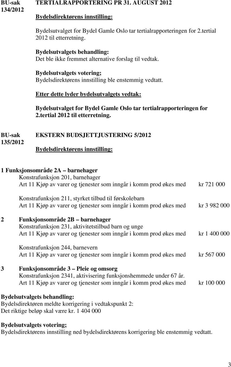 135/2012 EKSTERN BUDSJETTJUSTERING 5/2012 1 Funksjonsområde 2A barnehager Konstrafunksjon 201, barnehager Art 11 Kjøp av varer og tjenester som inngår i komm prod økes med kr 721 000 Konstrafunksjon