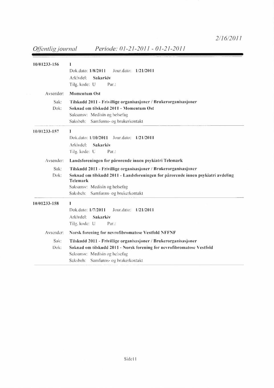 dato: 1/21/2011 Avsender: Landsforeningen for pårørende innen psykiatri Telemark 10/01233-158 1 Dok: Søknad om tilskudd 2011 - Landsforeningen for pårørende innen psykiatri