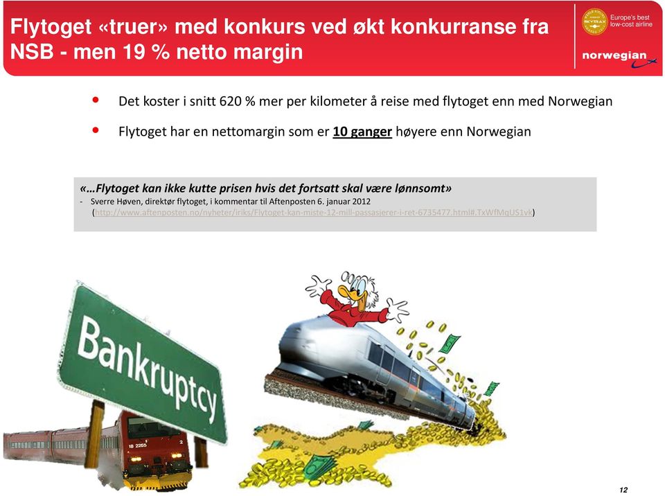 «Flytoget kan ikke kutte prisen hvis det fortsatt skal være lønnsomt» Sverre Høven, direktør flytoget, i kommentar til Aftenposten