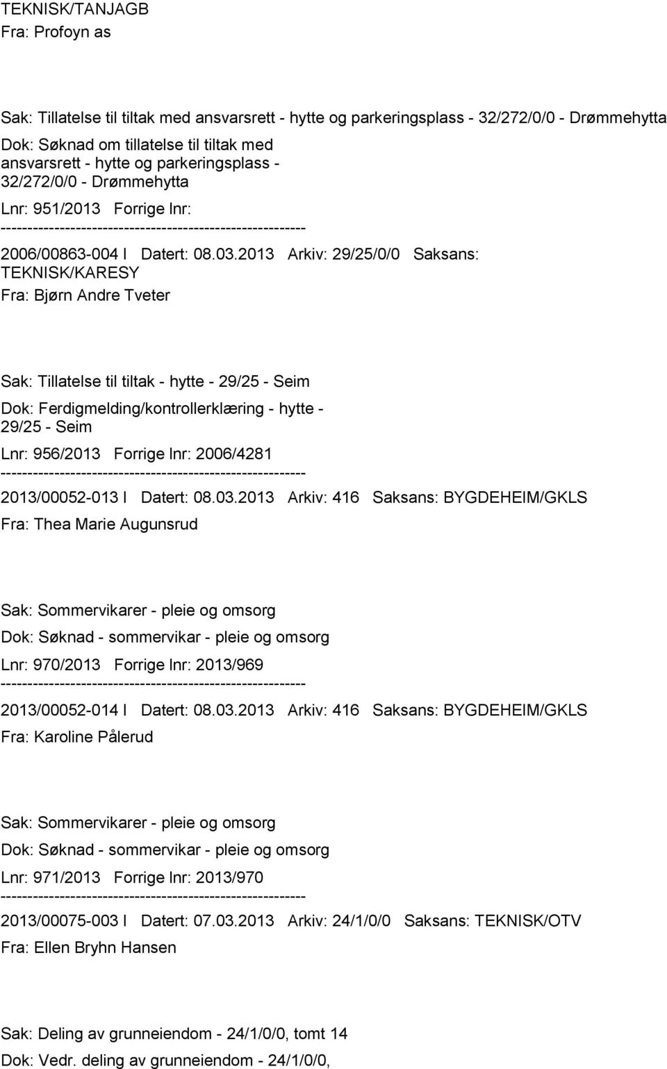 2013 Arkiv: 29/25/0/0 Saksans: TEKNISK/KARESY Fra: Bjørn Andre Tveter Sak: Tillatelse til tiltak - hytte - 29/25 - Seim Dok: Ferdigmelding/kontrollerklæring - hytte - 29/25 - Seim Lnr: 956/2013