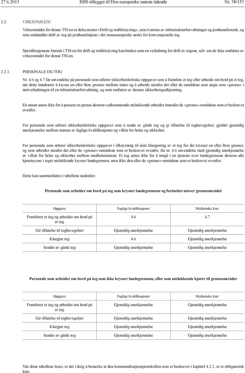 Spesifikasjonene fastsatt i TSI-en for drift og trafikkstyring kan brukes som en veiledning for drift av togene, selv om de ikke omfattes av virkeområdet for denne TSI-en. 2.2.1. PERSONALE OG TOG Nr.