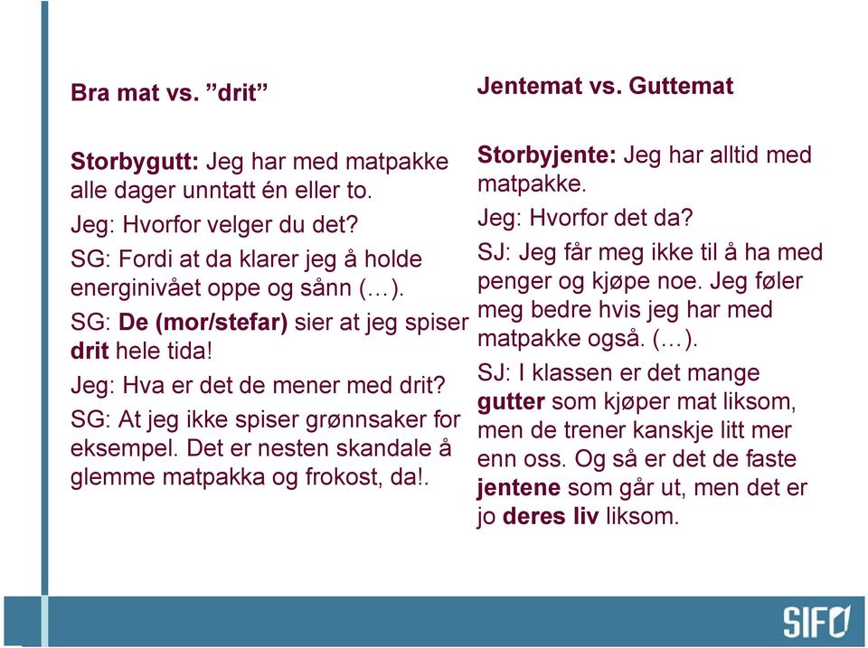 SG: At jeg ikke spiser grønnsaker for eksempel. Det er nesten skandale å glemme matpakka og frokost, da!. Storbyjente: Jeg har alltid med matpakke. Jeg: Hvorfor det da?