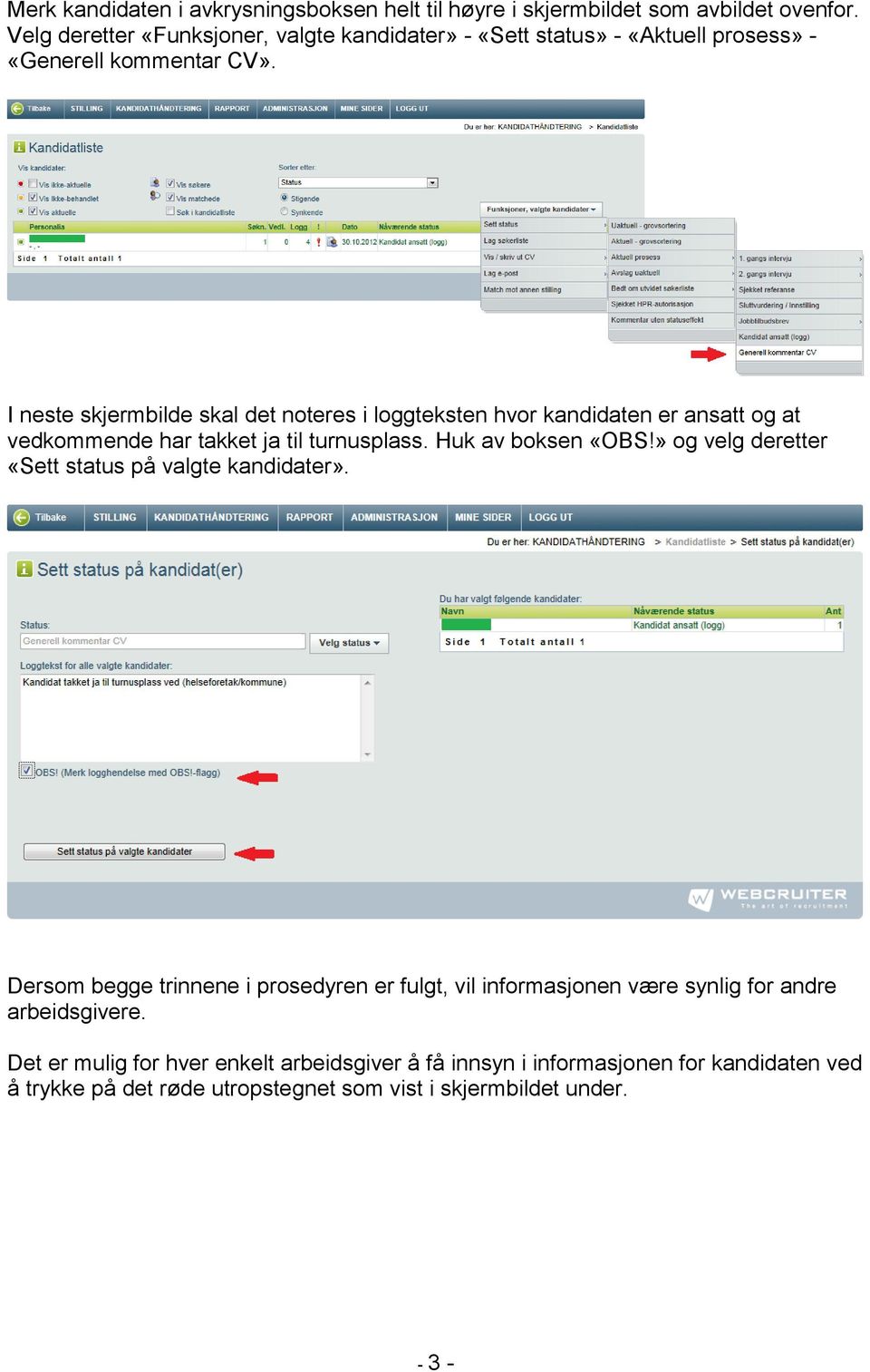 I neste skjermbilde skal det noteres i loggteksten hvor kandidaten er ansatt og at vedkommende har takket ja til turnusplass. Huk av boksen «OBS!