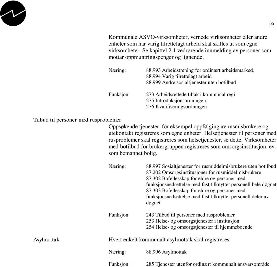 999 Andre sosialtjenester uten botilbud 273 Arbeidsrettede tiltak i kommunal regi 275 Introduksjonsordningen 276 Kvalifiseringsordningen Tilbud til personer med rusproblemer Oppsøkende tjenester, for