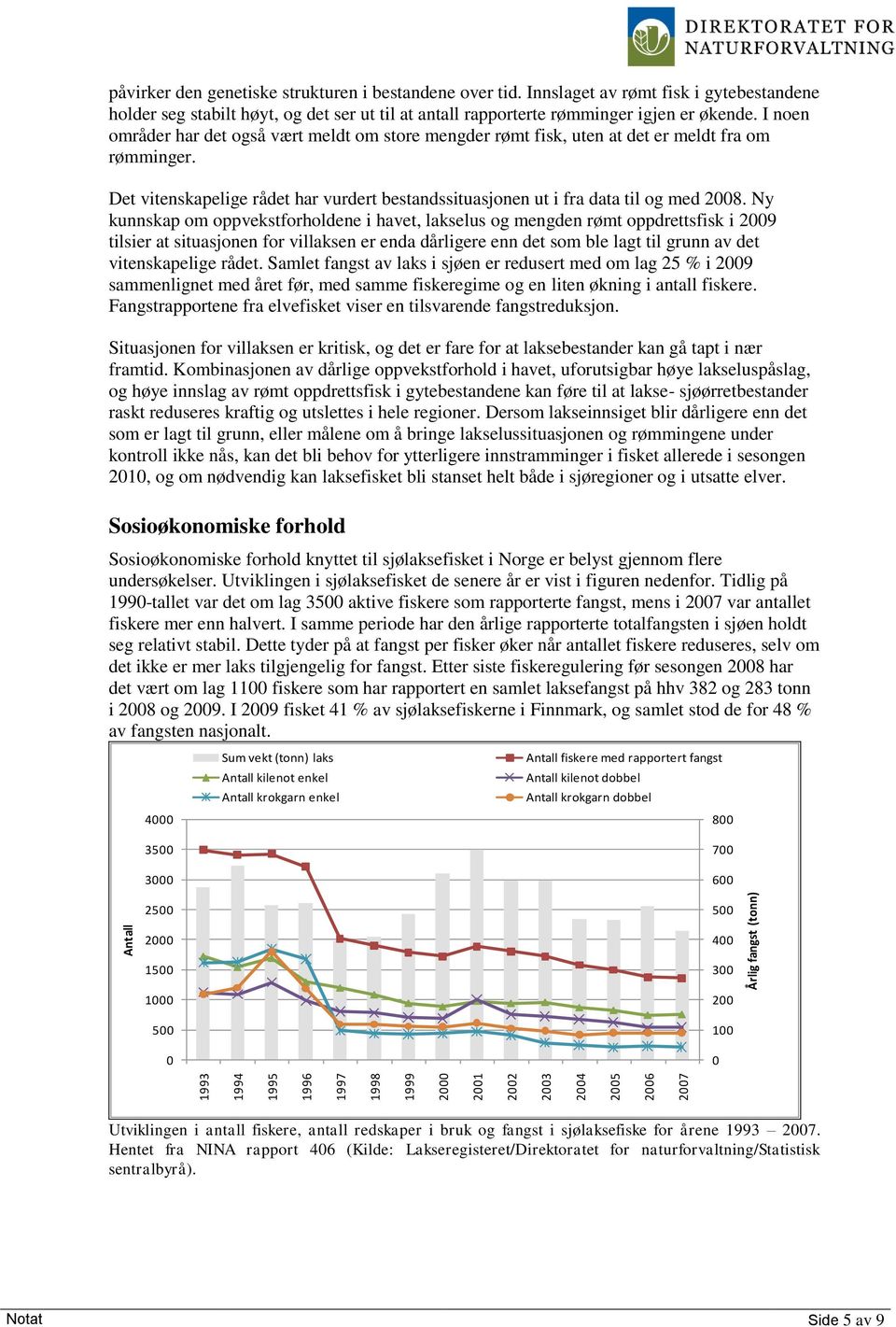 I noen områder har det også vært meldt om store mengder rømt fisk, uten at det er meldt fra om rømminger. Det vitenskapelige rådet har vurdert bestandssituasjonen ut i fra data til og med 2008.