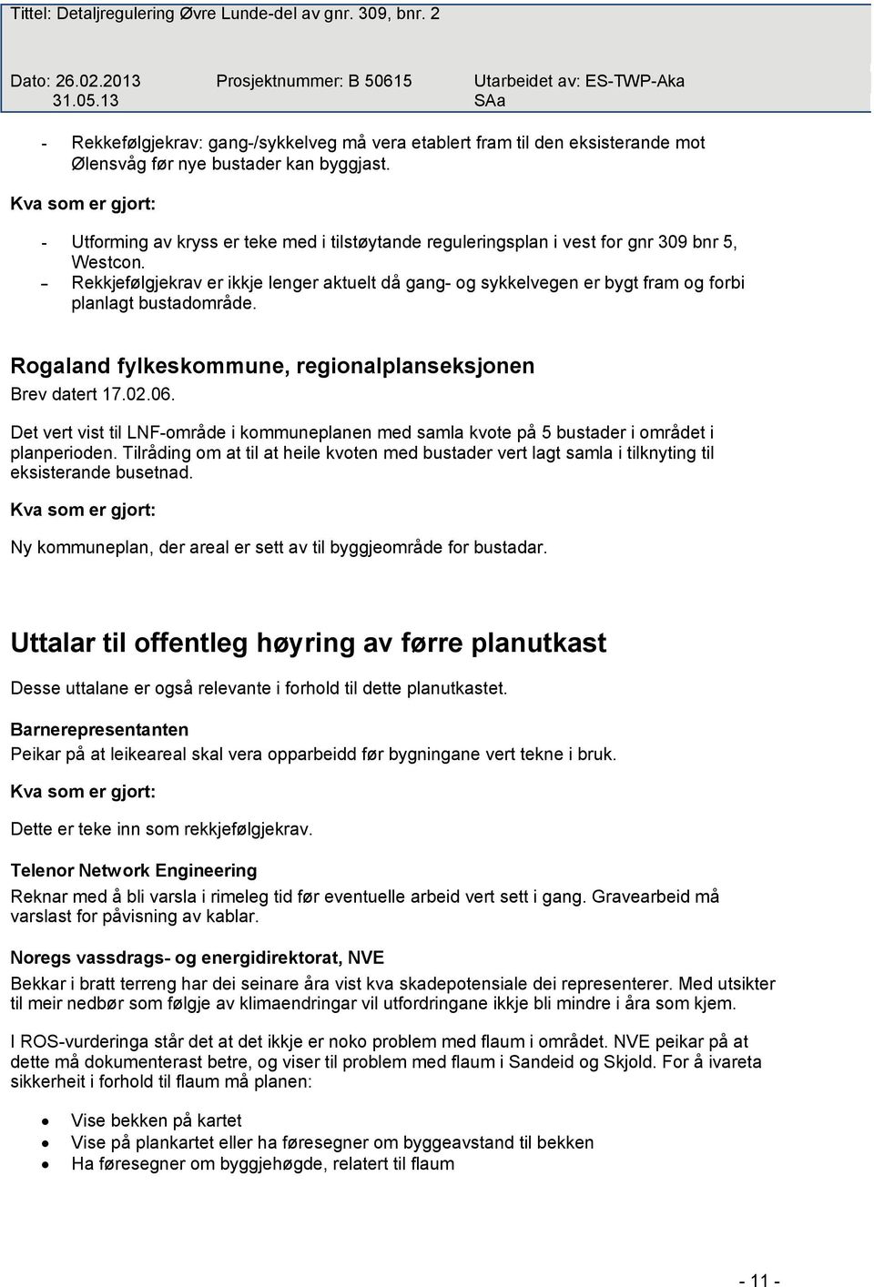 - Rekkjefølgjekrav er ikkje lenger aktuelt då gang- og sykkelvegen er bygt fram og forbi planlagt bustadområde. Rogaland fylkeskommune, regionalplanseksjonen Brev datert 17.02.06.