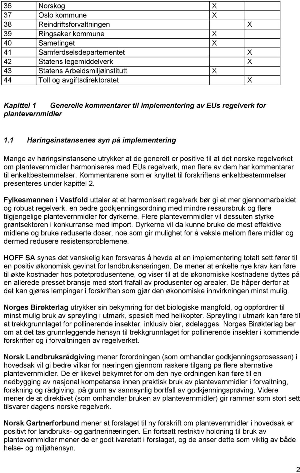 1 på implementering Mange av høringsinstansene utrykker at de generelt er positive til at det norske regelverket om plantevernmidler harmoniseres med EUs regelverk, men flere av dem har kommentarer