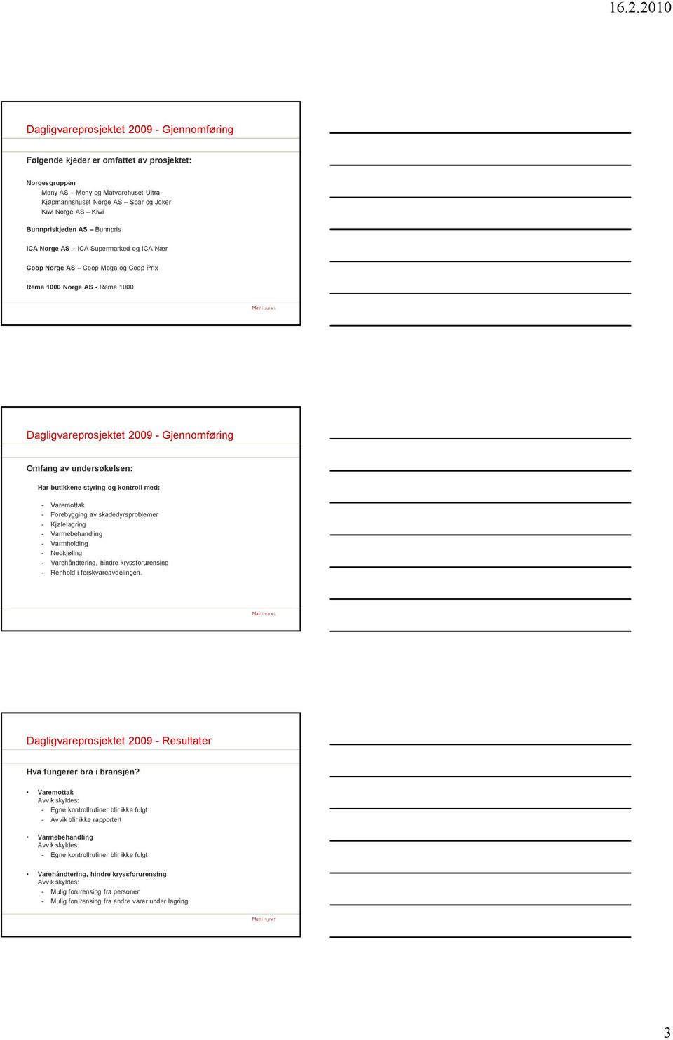 Forebygging av skadedyrsproblemer - Kjølelagring - Varmebehandling - Varmholding - Nedkjøling - Varehåndtering, hindre kryssforurensing - Renhold i ferskvareavdelingen.