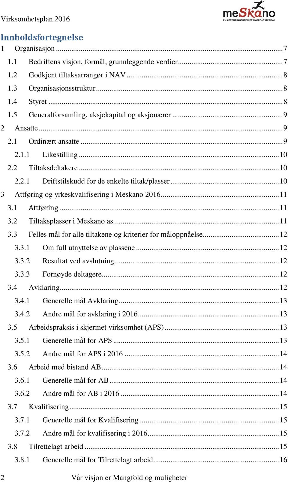 .. 10 3 Attføring og yrkeskvalifisering i Meskano 2016... 11 3.1 Attføring... 11 3.2 Tiltaksplasser i Meskano as... 11 3.3 Felles mål for alle tiltakene og kriterier for måloppnåelse... 12 3.3.1 Om full utnyttelse av plassene.