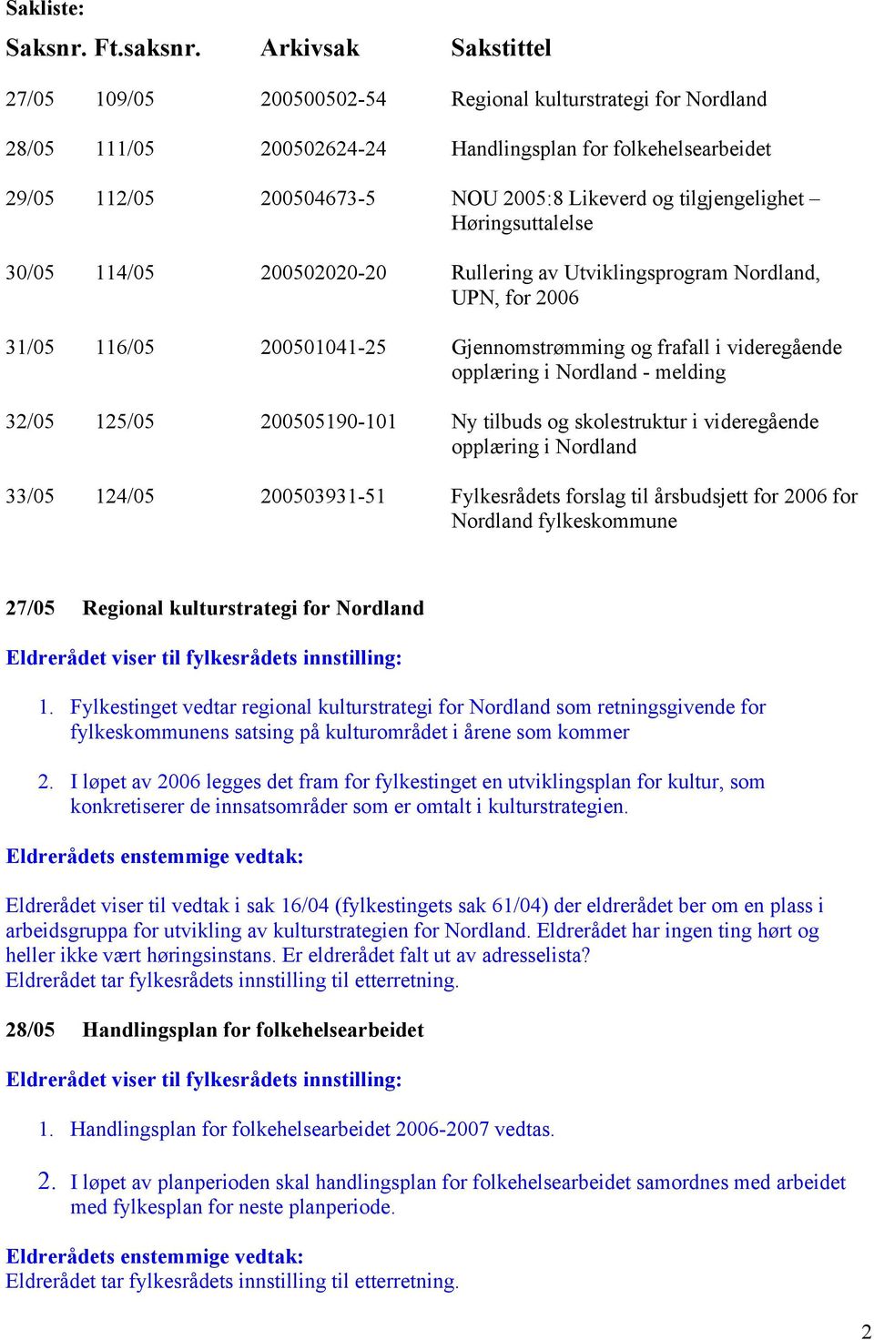 tilgjengelighet Høringsuttalelse 30/05 114/05 200502020-20 Rullering av Utviklingsprogram Nordland, UPN, for 2006 31/05 116/05 200501041-25 Gjennomstrømming og frafall i videregående opplæring i