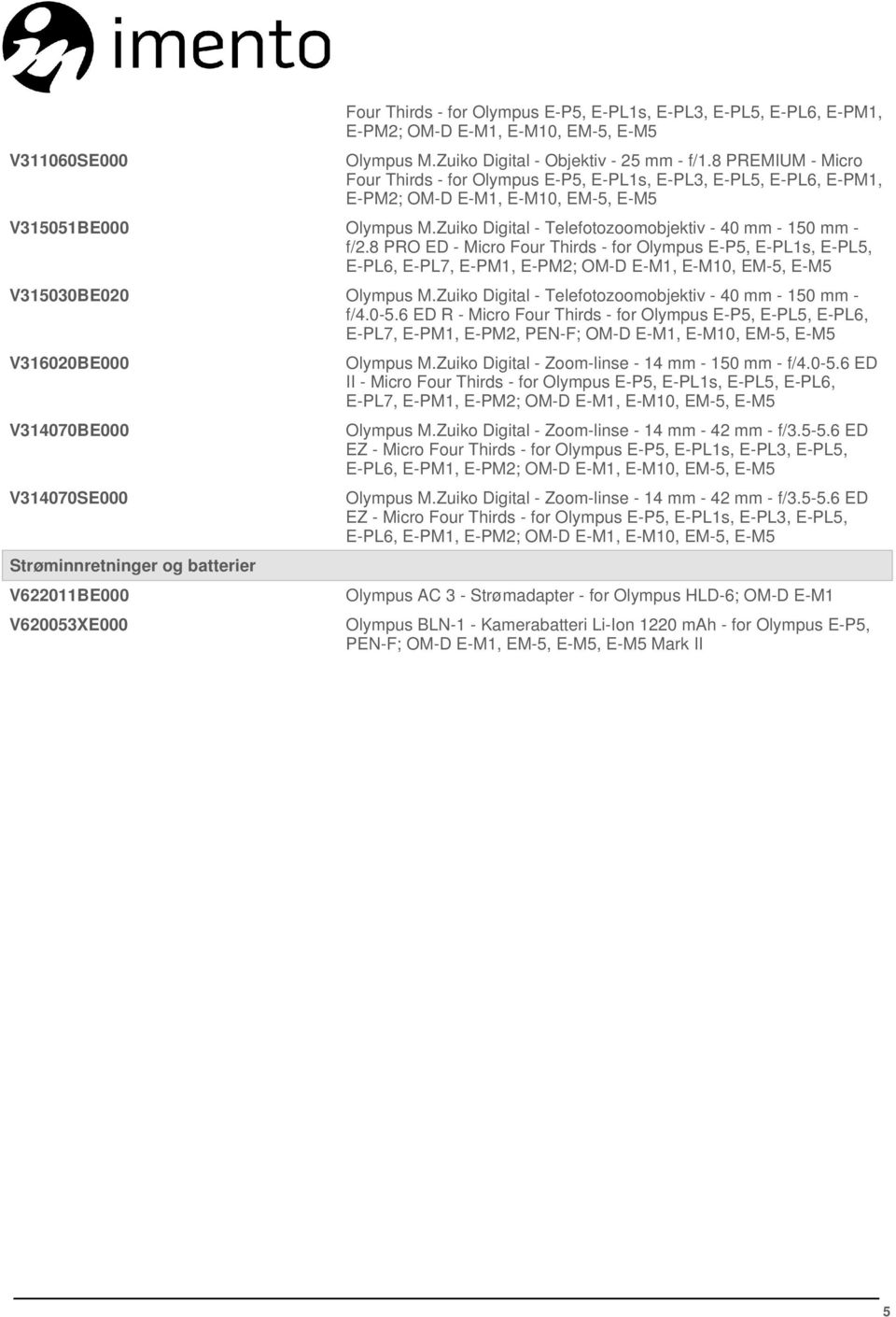 6 ED R - Micro Four Thirds - for Olympus E-P5, E-PL5, E-PL6, E-PL7, E-PM1, E-PM2, PEN-F; OM-D E-M1, E-M10, EM-5, E-M5 V316020BE000 V314070BE000 V314070SE000 Strøminnretninger og batterier