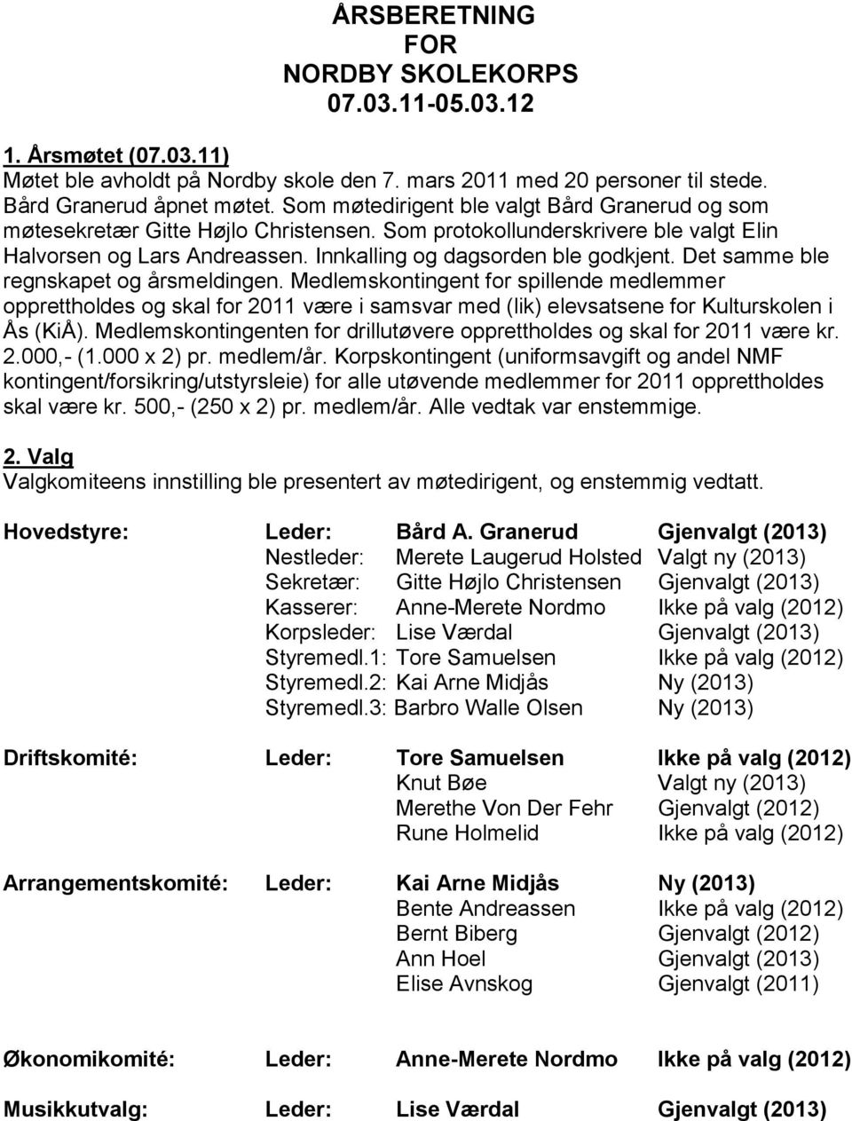 Det samme ble regnskapet og årsmeldingen. Medlemskontingent for spillende medlemmer opprettholdes og skal for 2011 være i samsvar med (lik) elevsatsene for Kulturskolen i Ås (KiÅ).