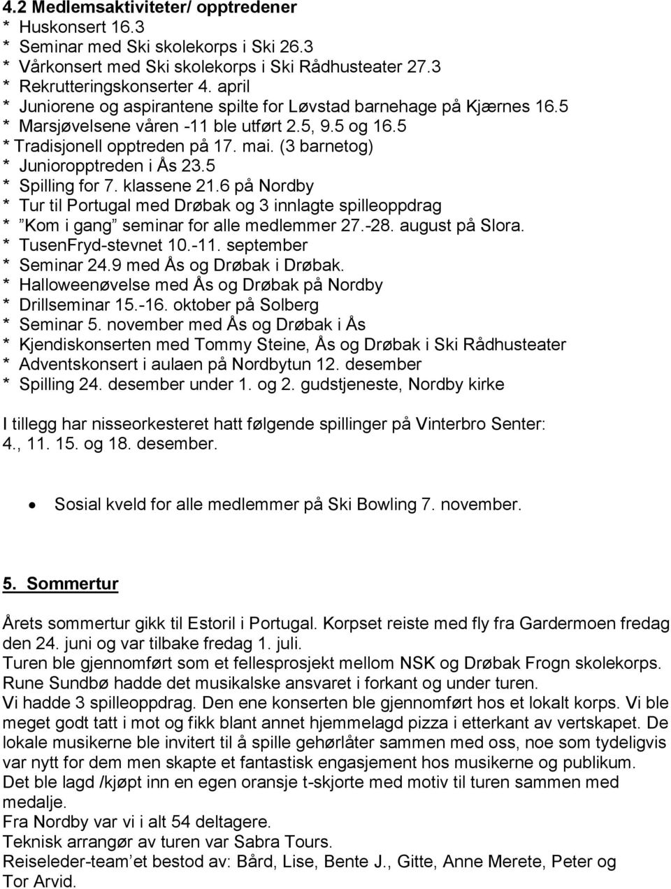 (3 barnetog) * Junioropptreden i Ås 23.5 * Spilling for 7. klassene 21.6 på Nordby * Tur til Portugal med Drøbak og 3 innlagte spilleoppdrag * Kom i gang seminar for alle medlemmer 27.-28.