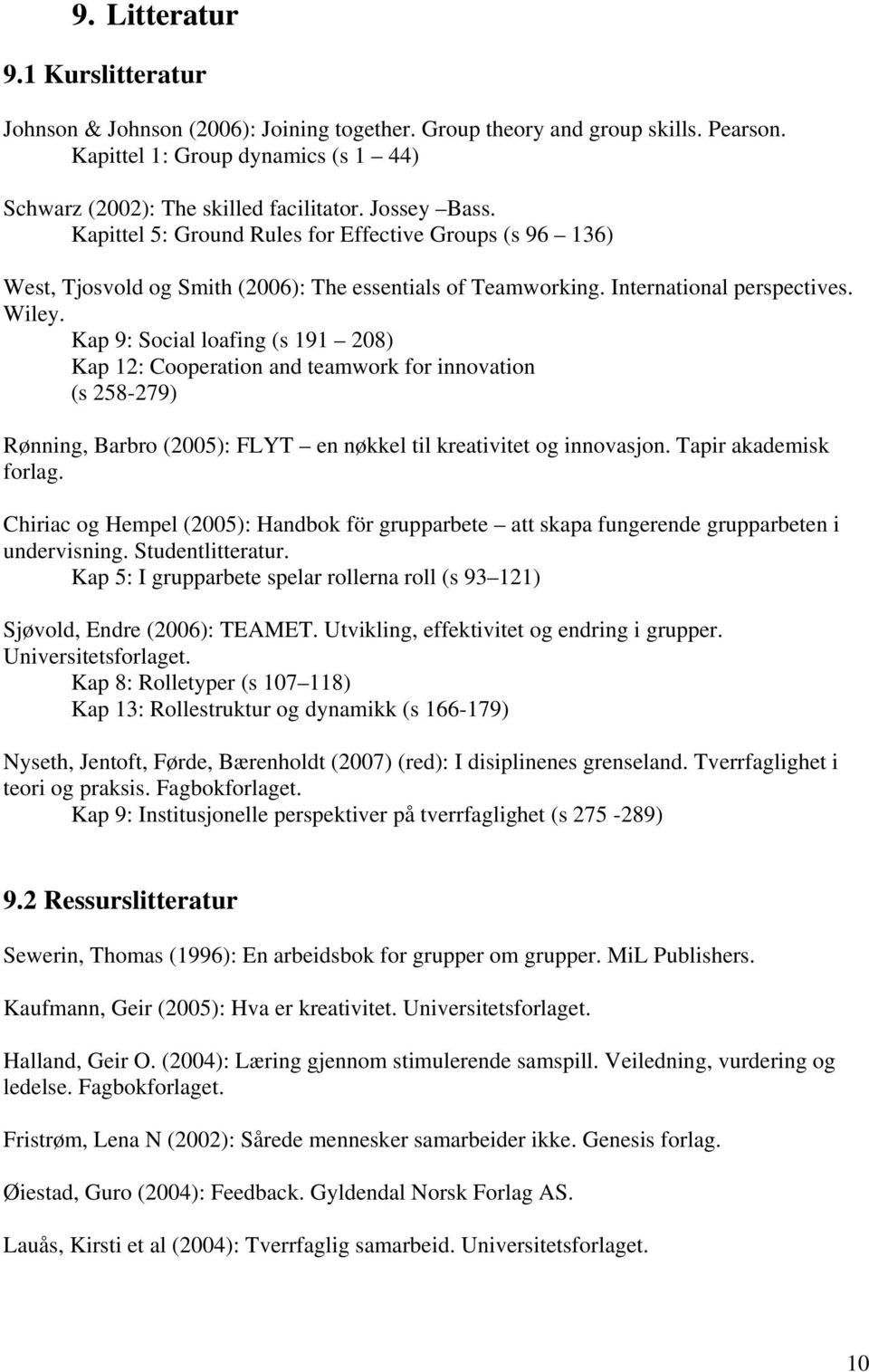 Kap 9: Social loafing (s 191 208) Kap 12: Cooperation and teamwork for innovation (s 258-279) Rønning, Barbro (2005): FLYT en nøkkel til kreativitet og innovasjon. Tapir akademisk forlag.