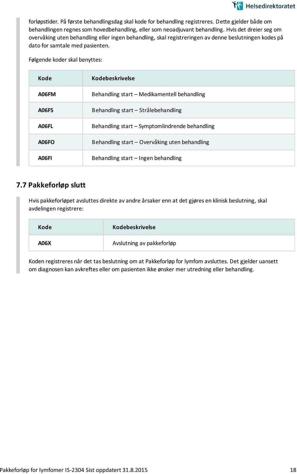 Følgende koder skal benyttes: A06FM A06FS A06FL A06FO A06FI Behandling start Medikamentell behandling Behandling start Stra lebehandling Behandling start Symptomlindrende behandling Behandling start