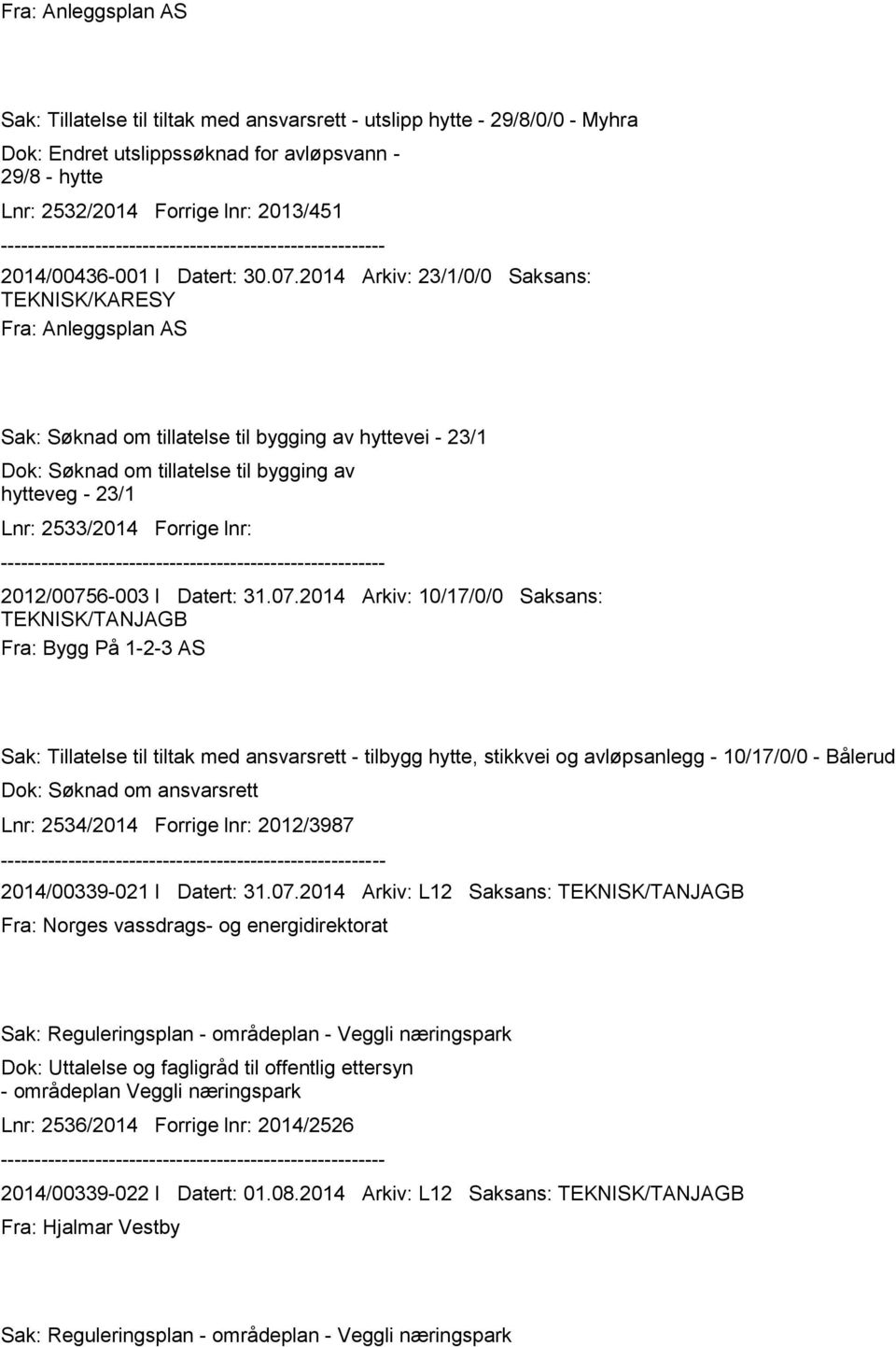 2014 Arkiv: 23/1/0/0 Saksans: TEKNISK/KARESY Fra: Anleggsplan AS Sak: Søknad om tillatelse til bygging av hyttevei - 23/1 Dok: Søknad om tillatelse til bygging av hytteveg - 23/1 Lnr: 2533/2014