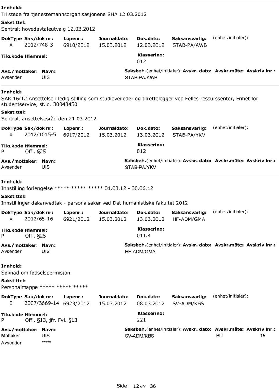 2012 2012/1015-5 6917/2012 TAB-A/YKV 012 Avs./mottaker: Navn: aksbeh. Avskr. dato: Avskr.måte: Avskriv lnr.: TAB-A/YKV nnstilling forlengelse ***** ***** ***** 01.03.12-30.06.