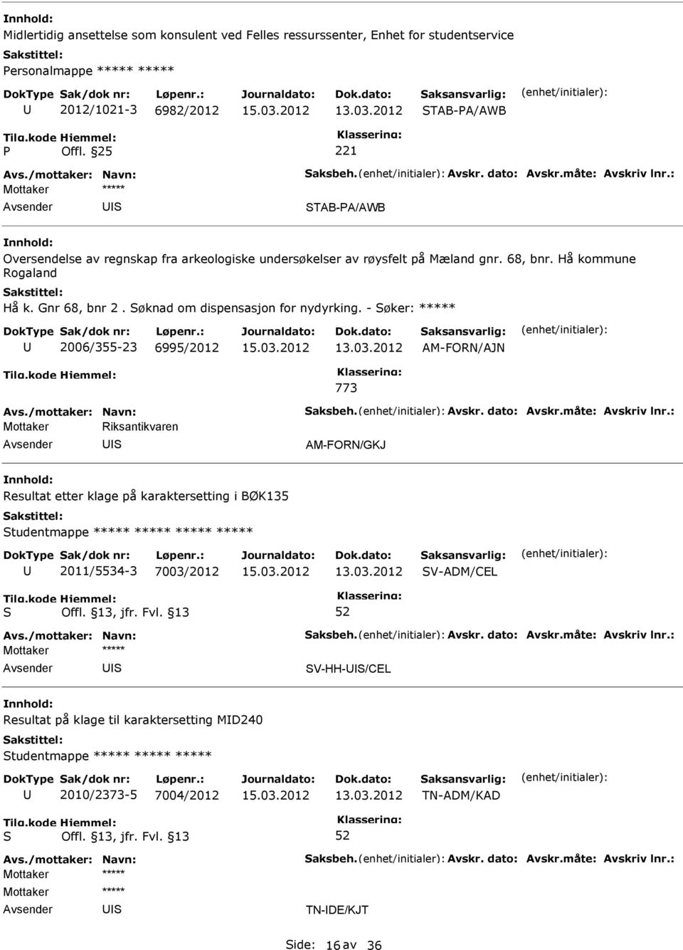 - øker: ***** 2006/355-23 6995/2012 AM-FORN/AJN 773 Avs./mottaker: Navn: aksbeh. Avskr. dato: Avskr.måte: Avskriv lnr.