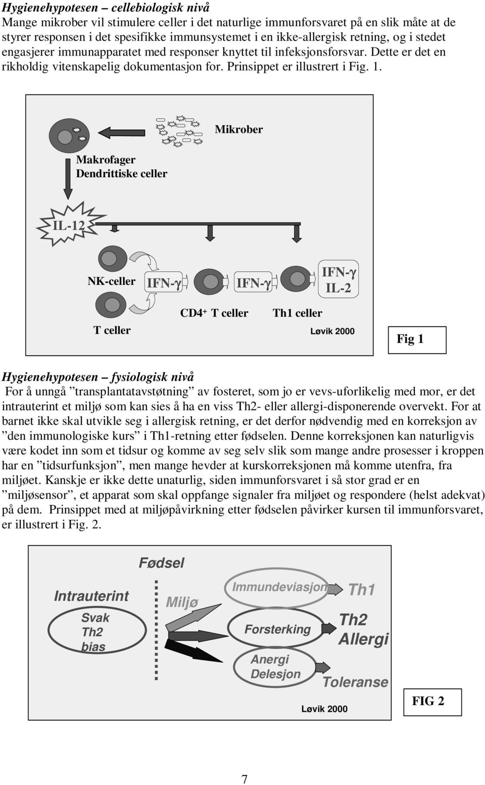 Makrofager Dendrittiske celler Mikrober IL-12 NK-celler IFN-γ IFN-γ IFN-γ IL-2 T celler CD4 + T celler Th1 celler Løvik 2000 Fig 1 Hygienehypotesen fysiologisk nivå For å unngå transplantatavstøtning