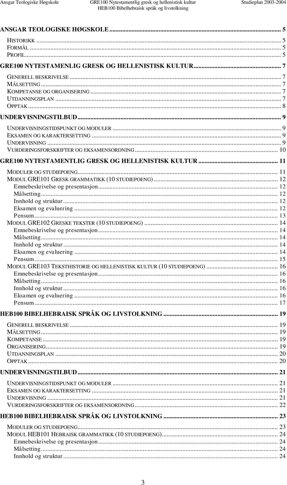 .. 10 GRE100 NYTESTAMENTLIG GRESK OG HELLENISTISK KULTUR... 11 MODULER OG STUDIEPOENG... 11 MODUL GRE101 GRESK GRAMMATIKK (10 STUDIEPOENG)... 12 Emnebeskrivelse og presentasjon... 12 Målsetting.