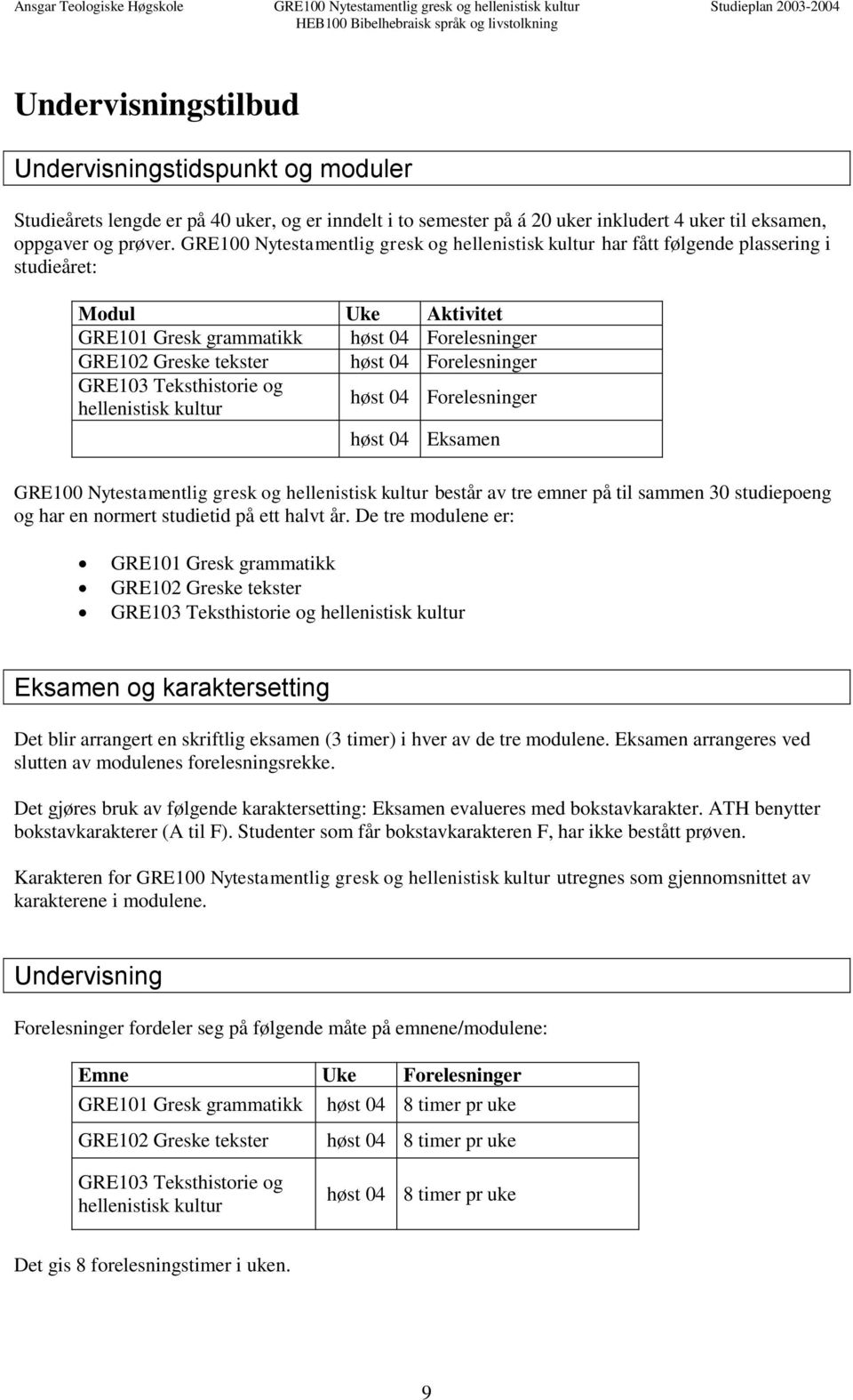Forelesninger GRE103 Teksthistorie og hellenistisk kultur høst 04 Forelesninger høst 04 Eksamen GRE100 Nytestamentlig gresk og hellenistisk kultur består av tre emner på til sammen 30 studiepoeng og