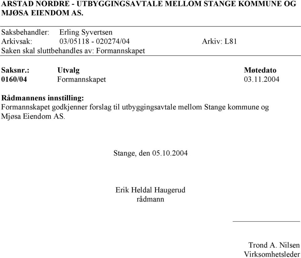 Formannskapet Saksnr.: Utvalg Møtedato 0160/04 Formannskapet 03.11.