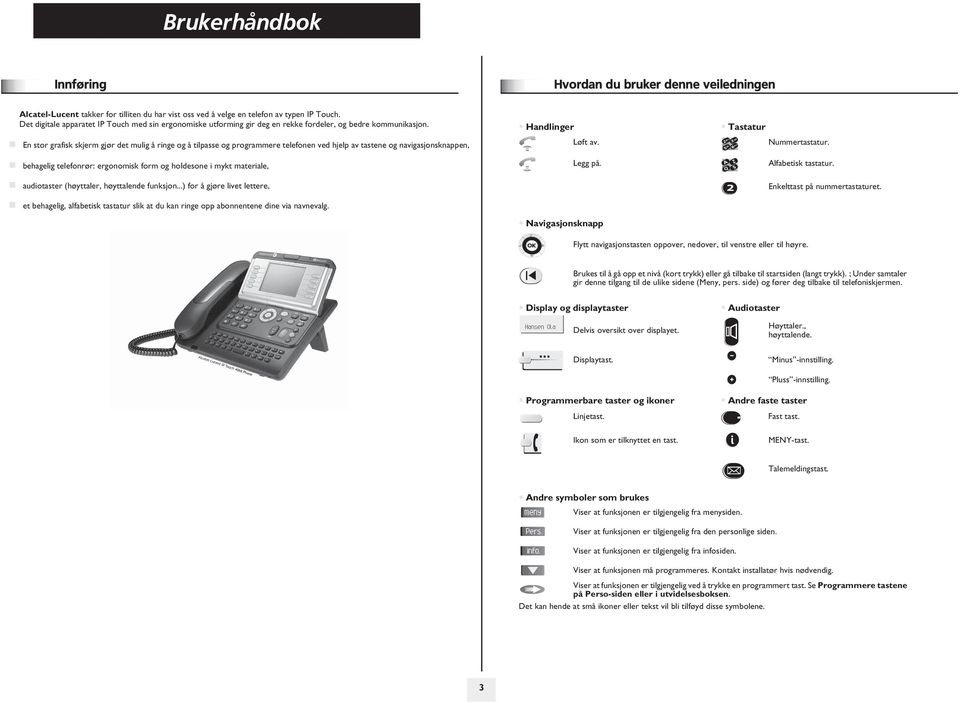 Handlinger Tastatur En stor grafisk skjerm gjør det mulig å ringe og å tilpasse og programmere telefonen ved hjelp av tastene og navigasjonsknappen, Løft av. Nummertastatur.