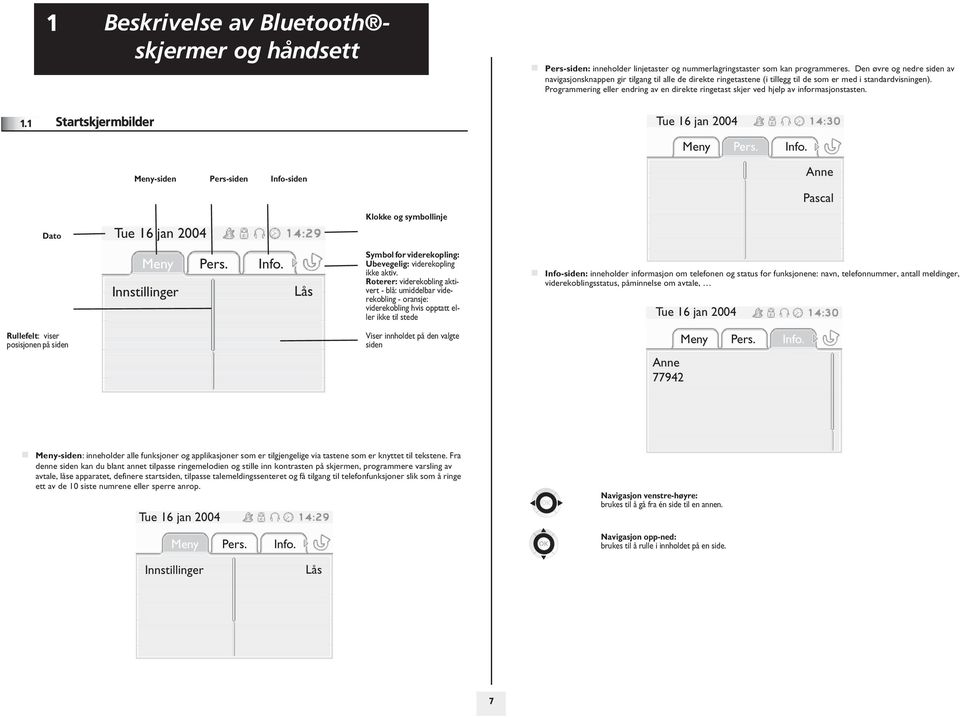 Programmering endring av en direkte ringetast skjer ved hjelp av informasjonstasten. 1.1 Startskjermbilder Tue 1 jan 004 Meny Pers. Info.