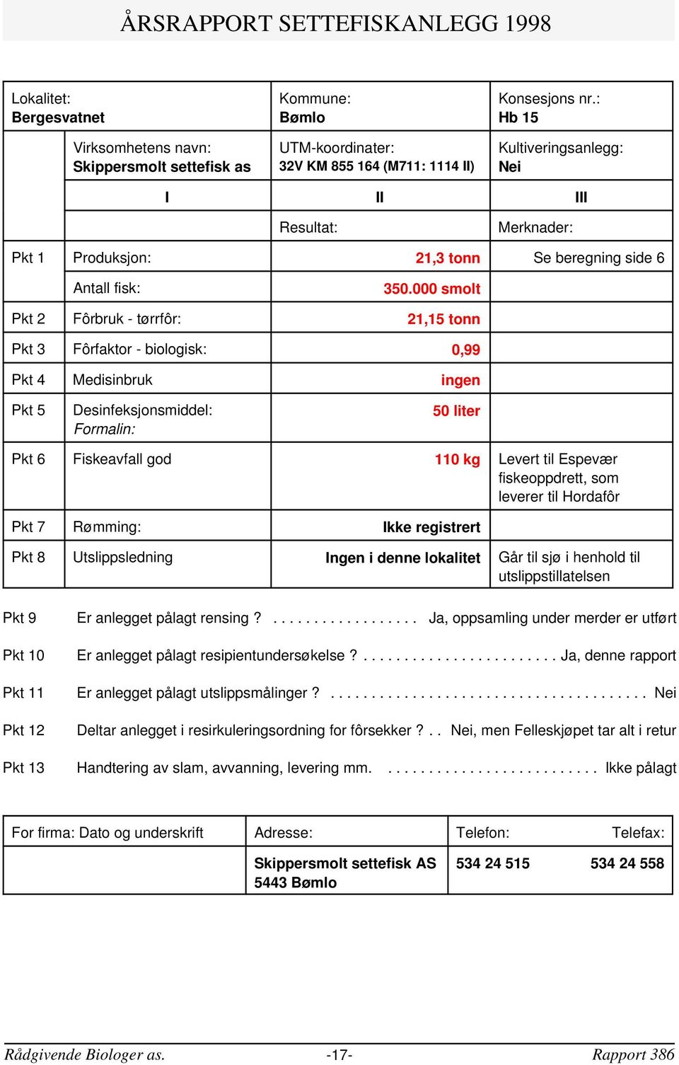 smolt Pkt 2 Fôrbruk - tørrfôr: 21,15 tonn Pkt 3 Fôrfaktor - biologisk:,99 Pkt 4 Medisinbruk ingen Pkt 5 Desinfeksjonsmiddel: Formalin: 5 liter Pkt 6 Fiskeavfall god 11 kg Levert til Espevær