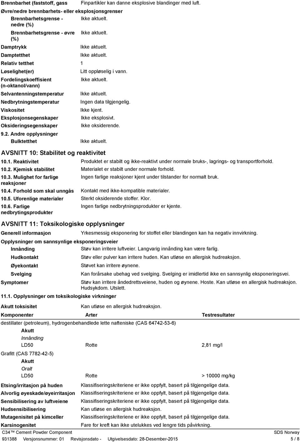 Fordelingskoeffisient (noktanol/vann) Selvantenningstemperatur Nedbrytningstemperatur Ingen data tilgjengelig. Viskositet Eksplosjonsegenskaper Ikke eksplosivt. Oksideringsegenskaper Ikke oksiderende.