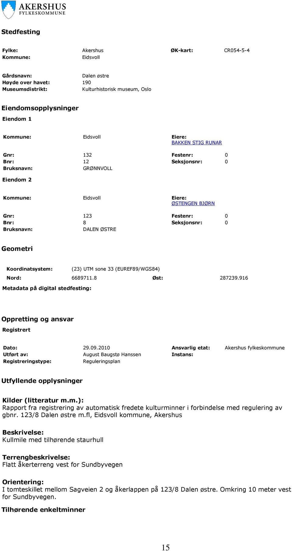 DALEN ØSTRE Geometri Koordinatsystem: (23) UTM sone 33 (EUREF89/WGS84) Nord: 6689711.8 Øst: 287239.916 Metadata på digital stedfesting: Oppretting og ansvar Registrert Dato: 29.09.