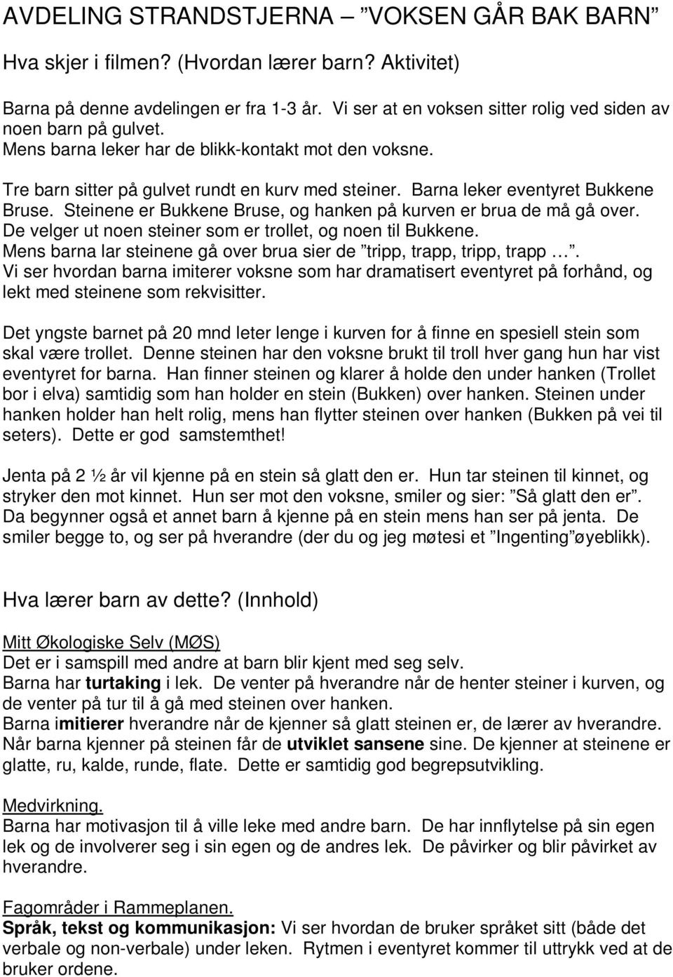 Barna leker eventyret Bukkene Bruse. Steinene er Bukkene Bruse, og hanken på kurven er brua de må gå over. De velger ut noen steiner som er trollet, og noen til Bukkene.