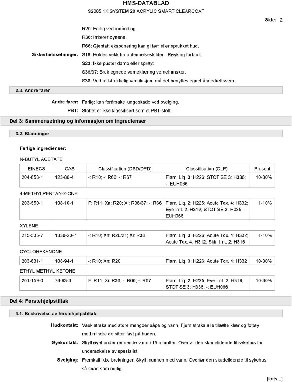 S38: Ved utilstrekkelig ventilasjon, må det benyttes egnet åndedrettsvern. Farlig: kan forårsake lungeskade ved svelging. Stoffet er ikke klassifisert som et PBT-stoff.