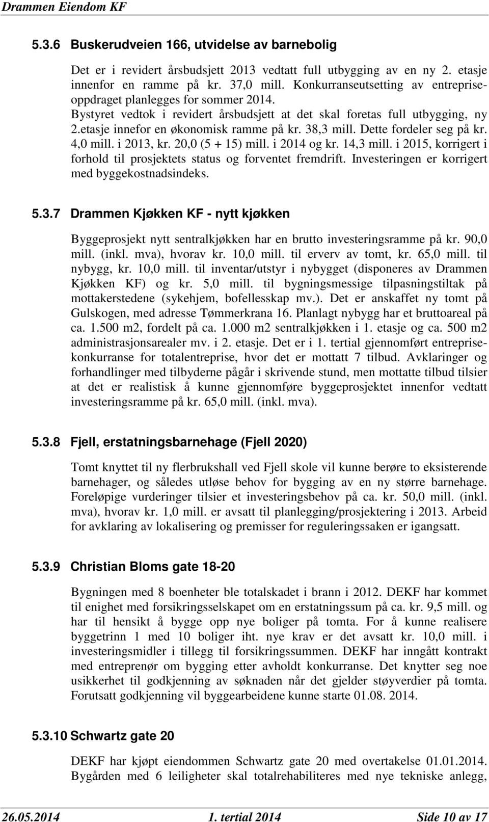 38,3 mill. Dette fordeler seg på kr. 4,0 mill. i 2013, kr. 20,0 (5 + 15) mill. i 2014 og kr. 14,3 mill. i 2015, korrigert i forhold til prosjektets status og forventet fremdrift.