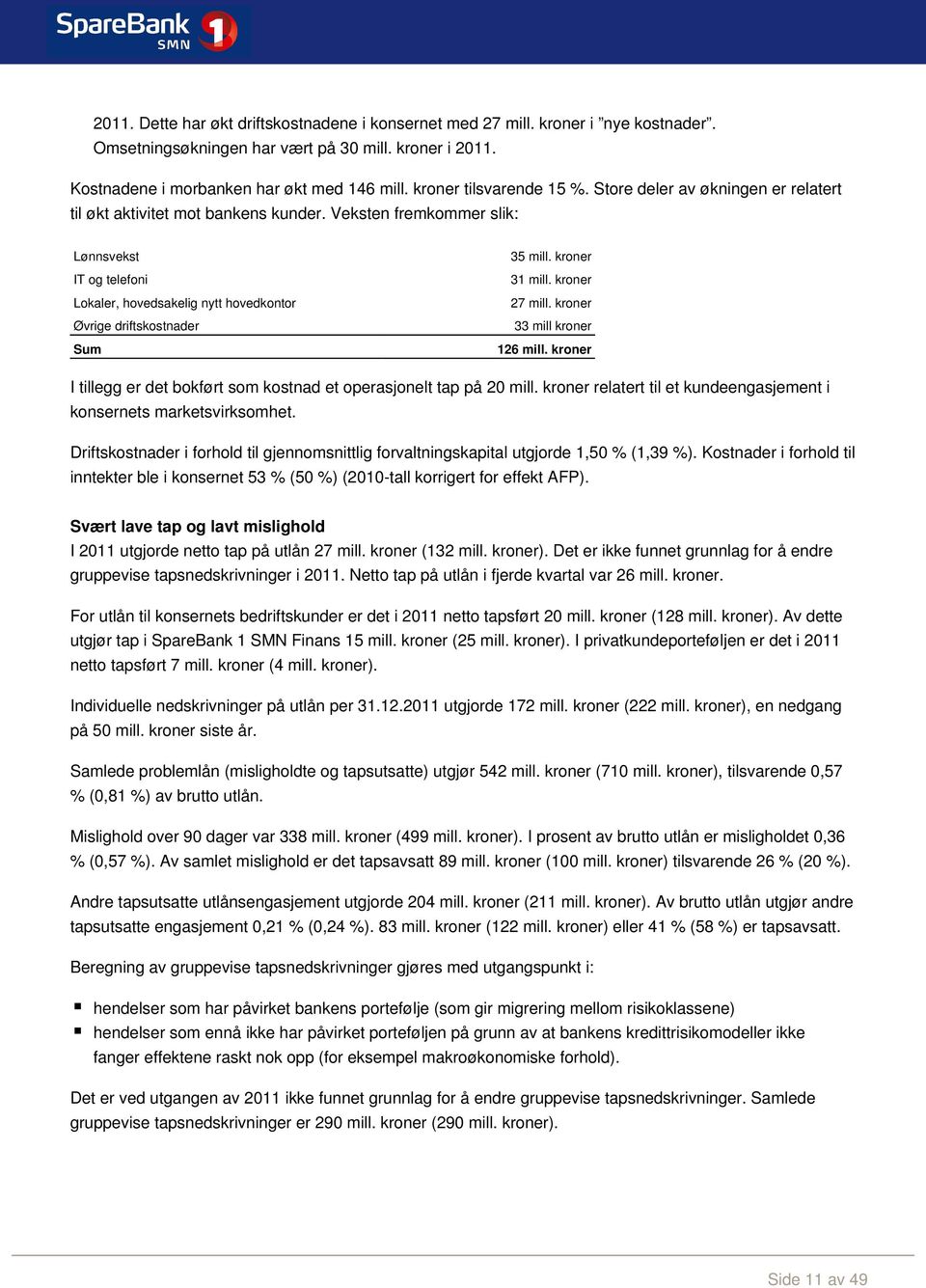 Veksten fremkommer slik: Lønnsvekst IT og telefoni Lokaler, hovedsakelig nytt hovedkontor Øvrige driftskostnader Sum 35 mill. kroner 31 mill. kroner 27 mill. kroner 33 mill kroner 126 mill.