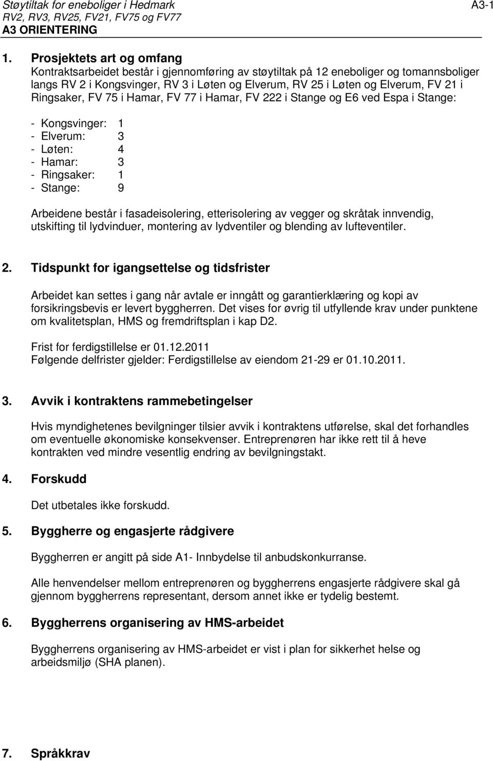 i Ringsaker, FV 75 i Hamar, FV 77 i Hamar, FV 222 i Stange og E6 ved Espa i Stange: - Kongsvinger: 1 - Elverum: 3 - Løten: 4 - Hamar: 3 - Ringsaker: 1 - Stange: 9 Arbeidene består i fasadeisolering,