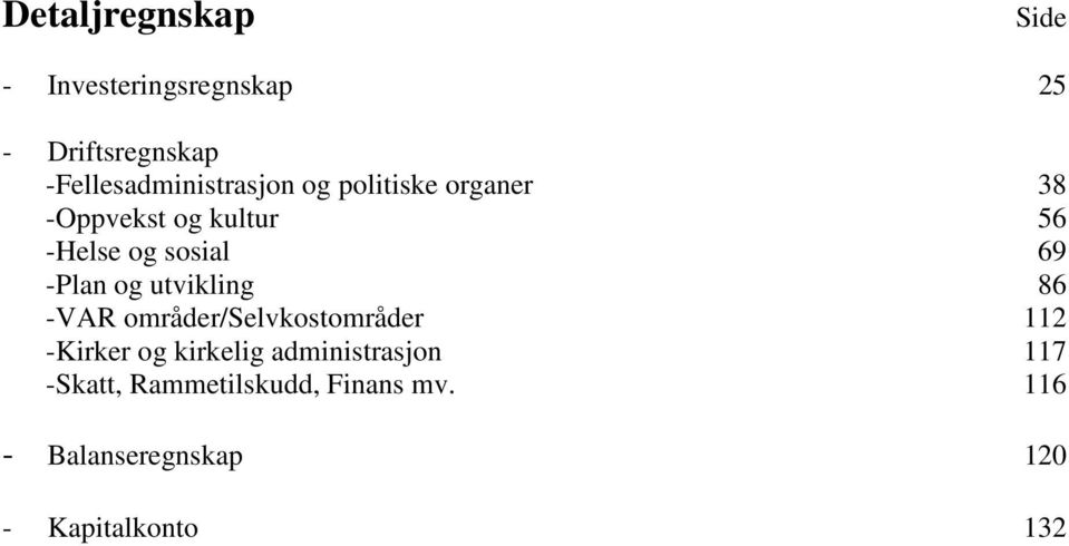 sosial 69 -Plan og utvikling 86 -VAR områder/selvkostområder 112 -Kirker og