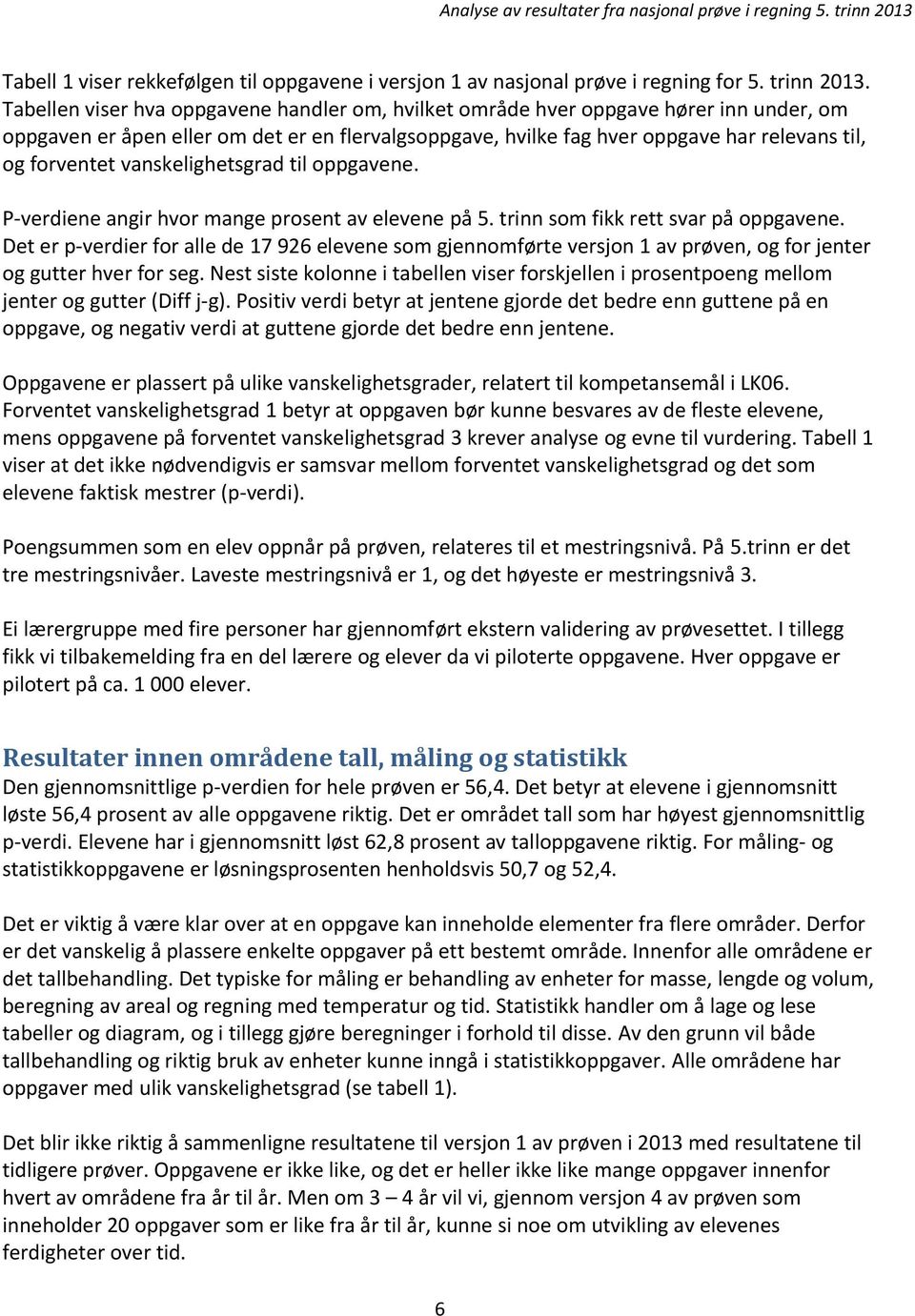 vanskelighetsgrad til oppgavene. P-verdiene angir hvor mange prosent av elevene på 5. trinn som fikk rett svar på oppgavene.