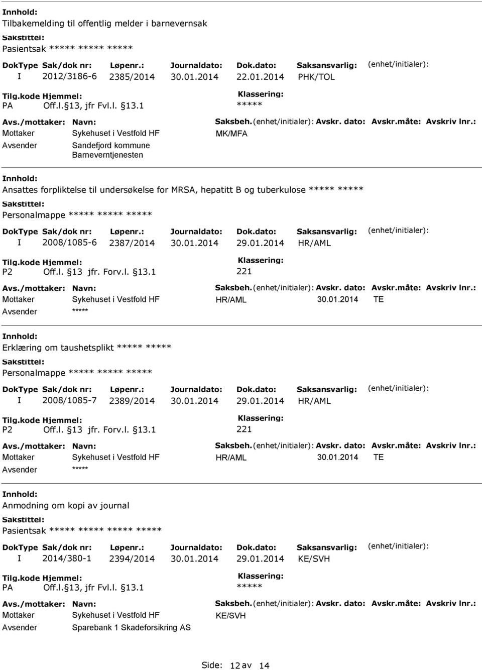 /mottaker: Navn: Saksbeh. Avskr. dato: Avskr.måte: Avskriv lnr.: TE Erklæring om taushetsplikt Personalmappe 2008/1085-7 2389/2014 29.01.2014 Avs./mottaker: Navn: Saksbeh. Avskr. dato: Avskr.måte: Avskriv lnr.: TE Anmodning om kopi av journal Pasientsak 2014/380-1 2394/2014 29.