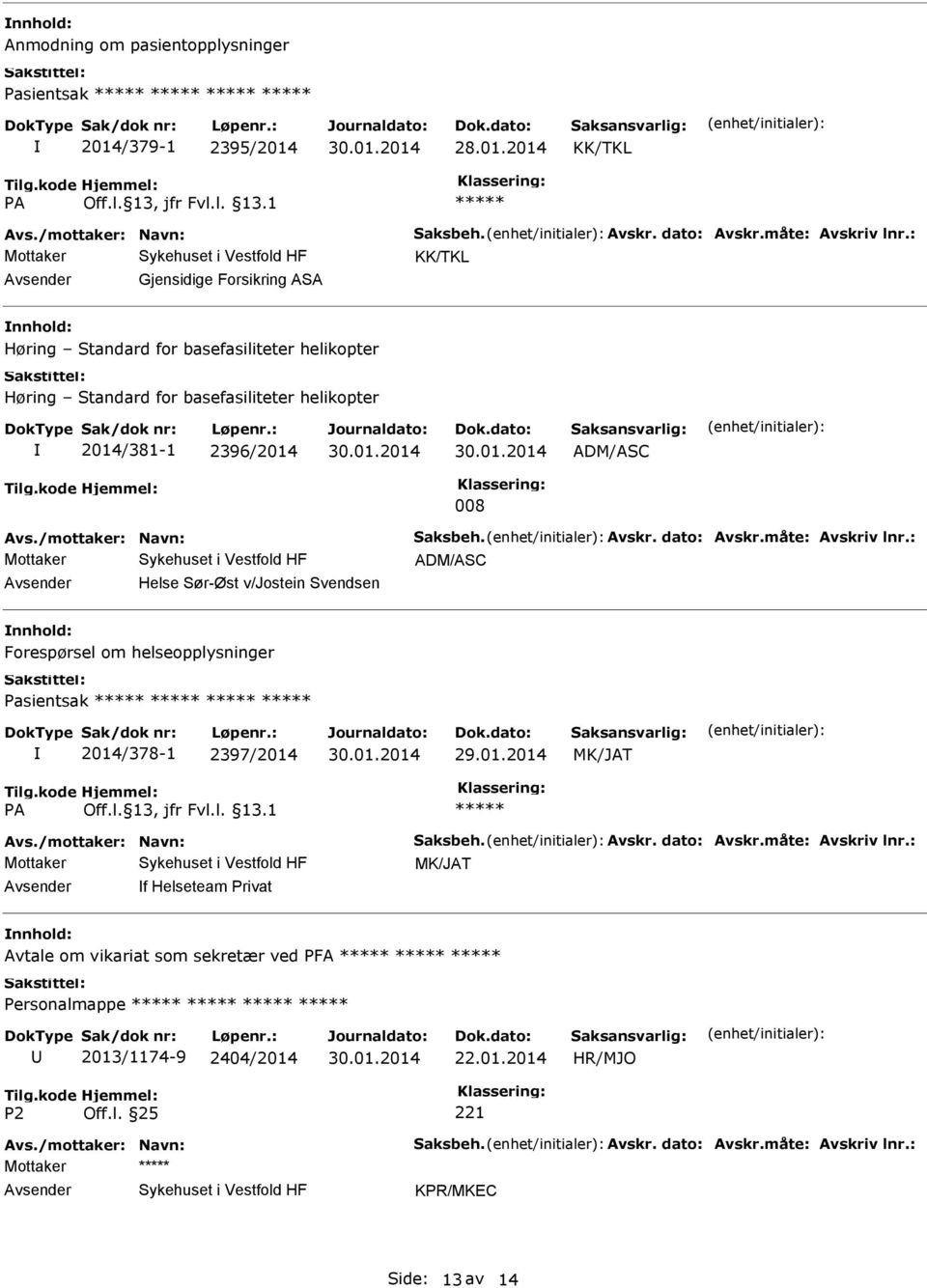 Avskr. dato: Avskr.måte: Avskriv lnr.: ADM/ASC Helse Sør-Øst v/jostein Svendsen Forespørsel om helseopplysninger Pasientsak 2014/378-1 2397/2014 29.01.2014 Avs./mottaker: Navn: Saksbeh.