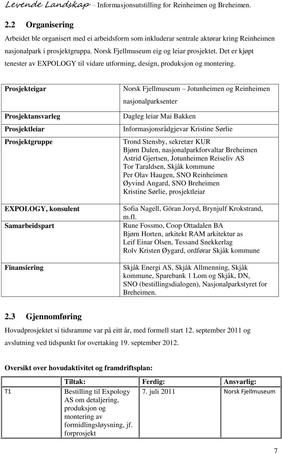 Prosjekteigar Prosjektansvarleg Prosjektleiar Prosjektgruppe EXPOLOGY, konsulent Samarbeidspart Finansiering Jotunheimen og Reinheimen nasjonalparksenter Dagleg leiar Mai Bakken Informasjonsrådgjevar