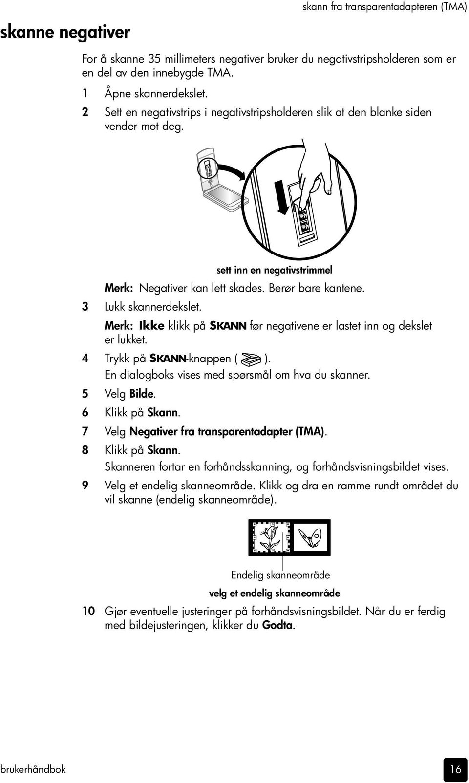 Merk: Ikke klikk på SKANN før negativene er lastet inn og dekslet er lukket. 4 Trykk på SKANN-knappen ( ). En dialogboks vises med spørsmål om hva du skanner. 5 Velg Bilde. 6 Klikk på Skann.