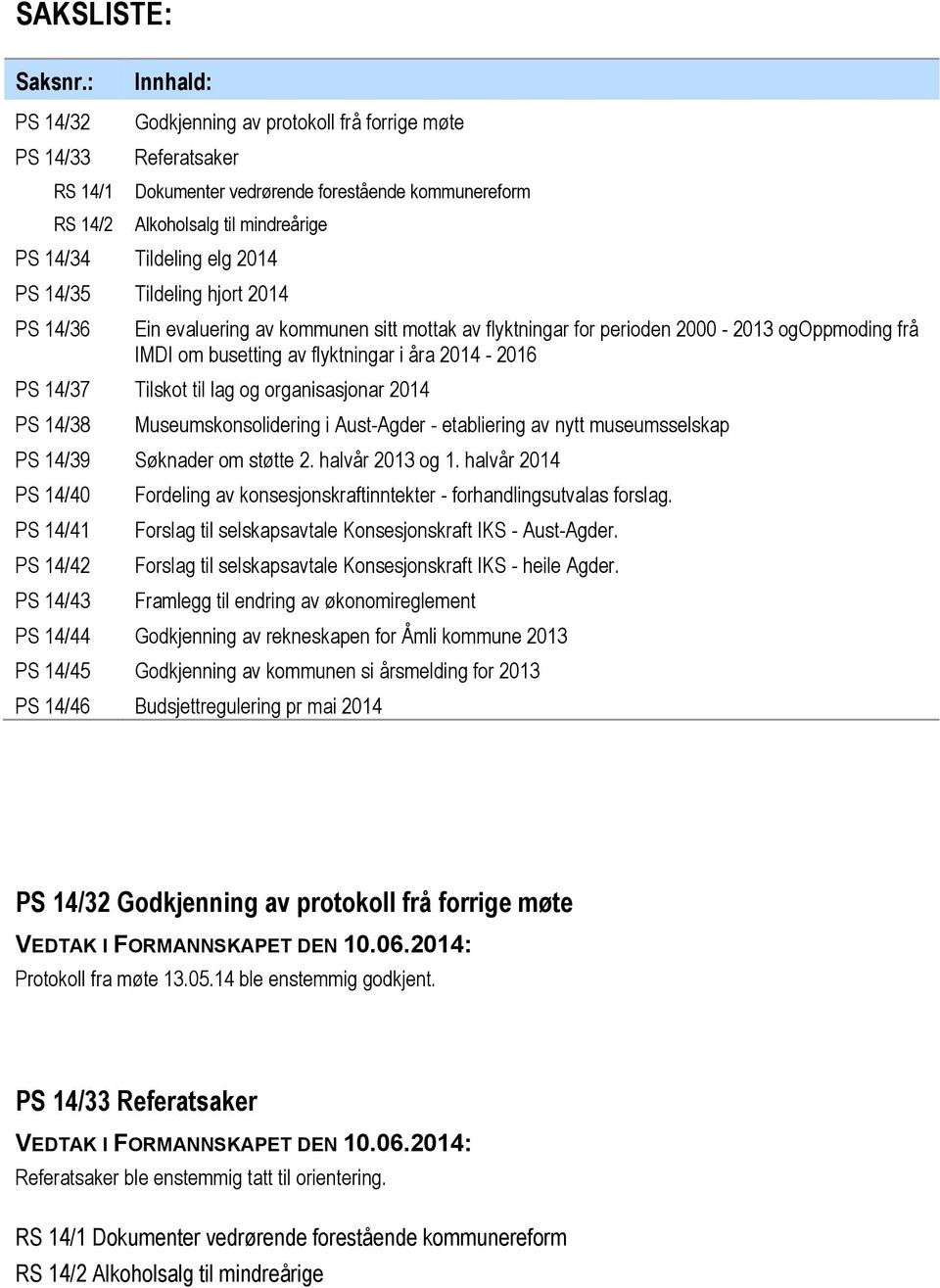 2014 PS 14/35 Tildeling hjort 2014 PS 14/36 Ein evaluering av kommunen sitt mottak av flyktningar for perioden 2000-2013 ogoppmoding frå IMDI om busetting av flyktningar i åra 2014-2016 PS 14/37