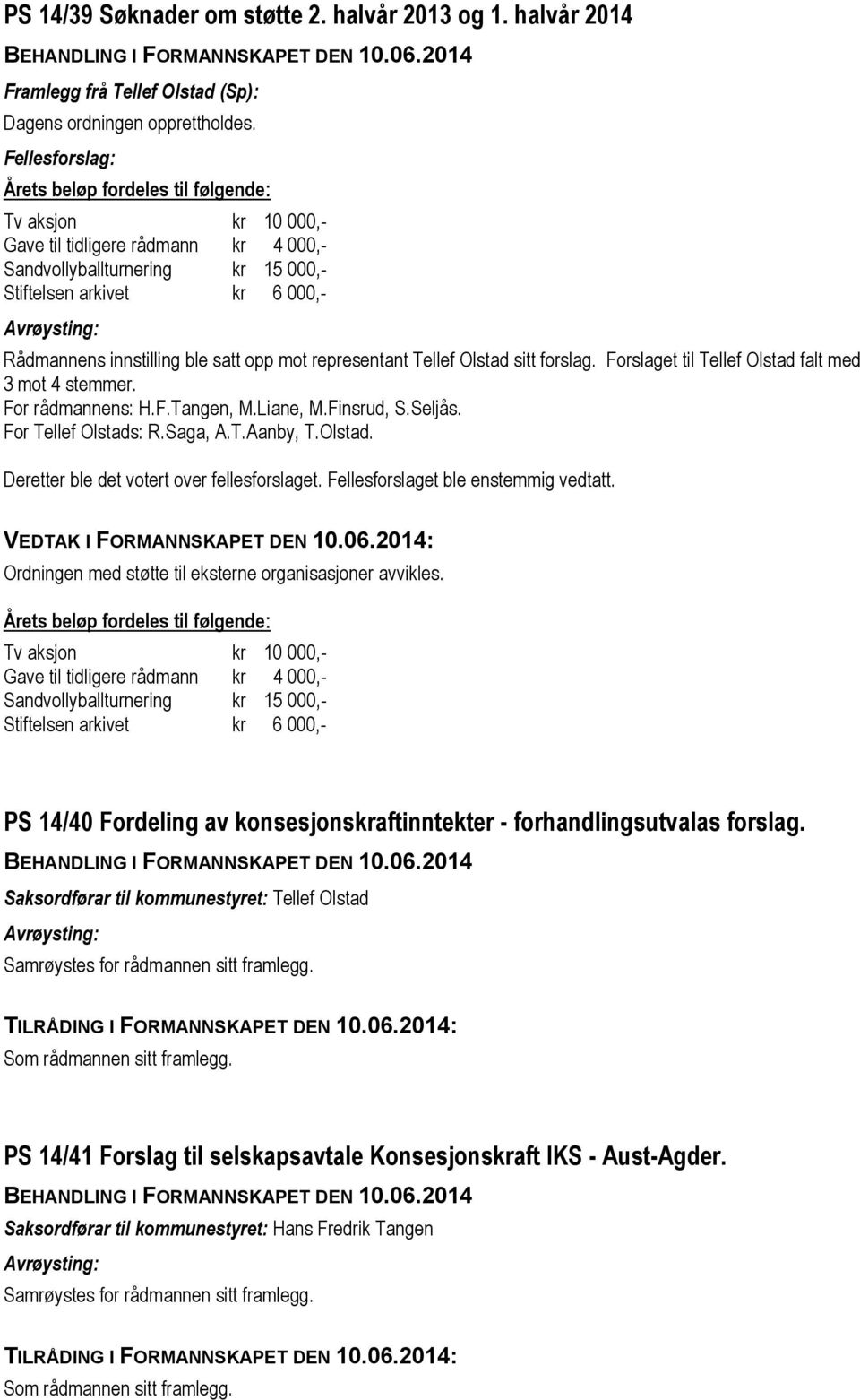 ble satt opp mot representant Tellef Olstad sitt forslag. Forslaget til Tellef Olstad falt med 3 mot 4 stemmer. For rådmannens: H.F.Tangen, M.Liane, M.Finsrud, S.Seljås. For Tellef Olstads: R.Saga, A.