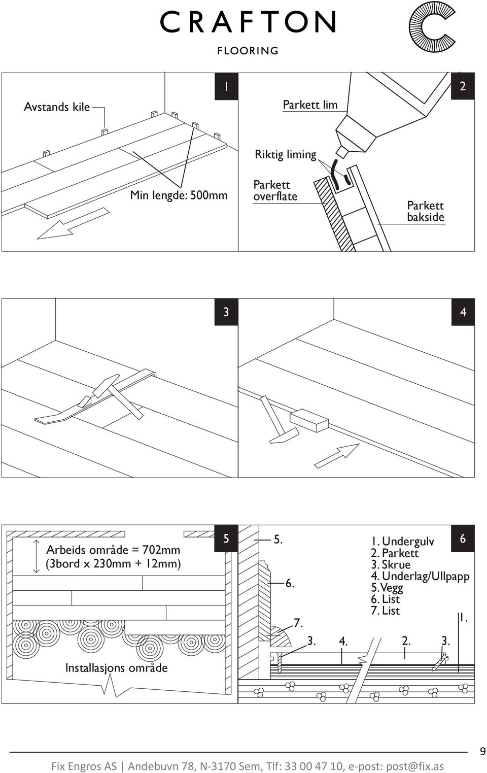 x 230mm + 12mm) 5 5. 1. Undergulv 6 2. Parkett 3. Skrue 4.