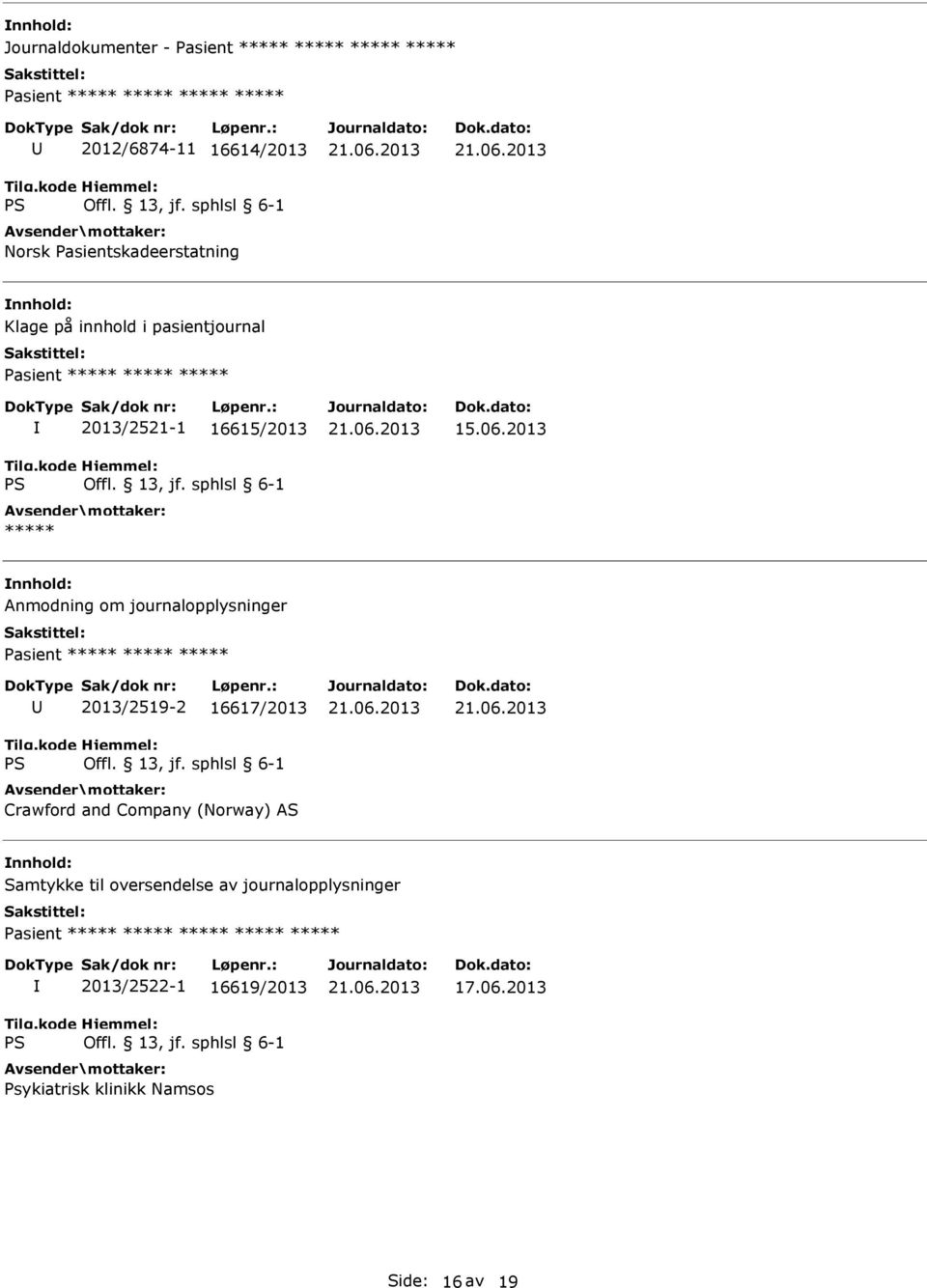 2013 Anmodning om journalopplysninger Pasient ***** ***** ***** 2013/2519-2 16617/2013 Crawford and Company (Norway) AS Samtykke