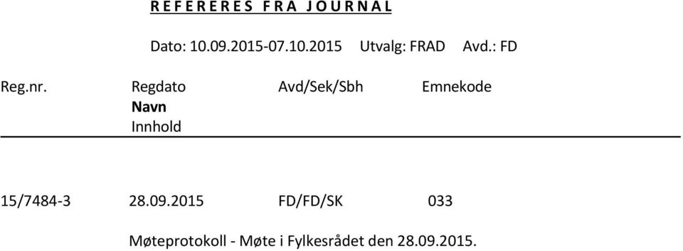 Regdato Avd/Sek/Sbh Emnekode Navn Innhold 15/7484-3 28.