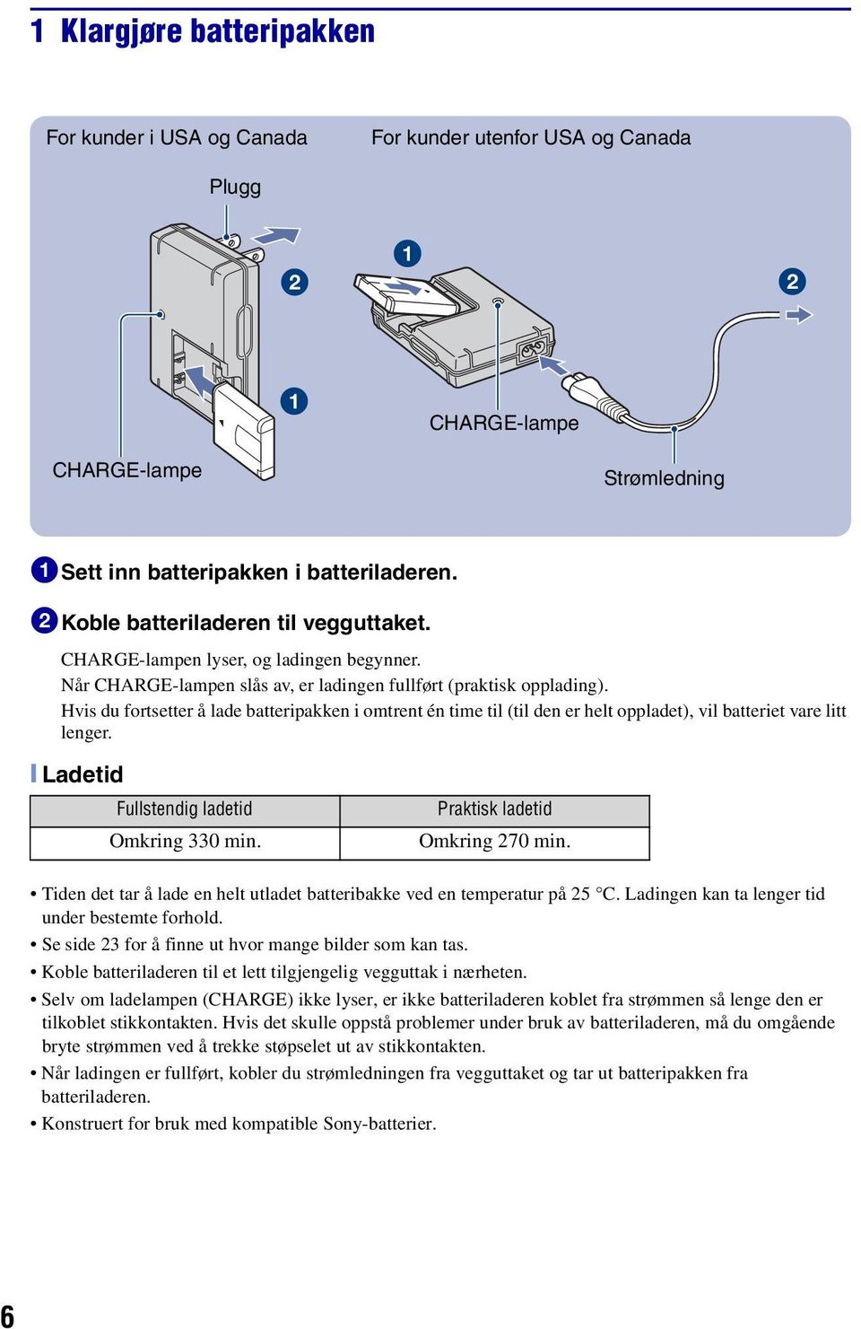 Hvis du fortsetter å lade batteripakken i omtrent én time til (til den er helt oppladet), vil batteriet vare litt lenger. [ Ladetid Fullstendig ladetid Omkring 330 min.